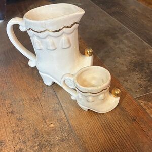 Whimsical  Vintage Napco Santa boot Ceramic Pitcher and mug Set